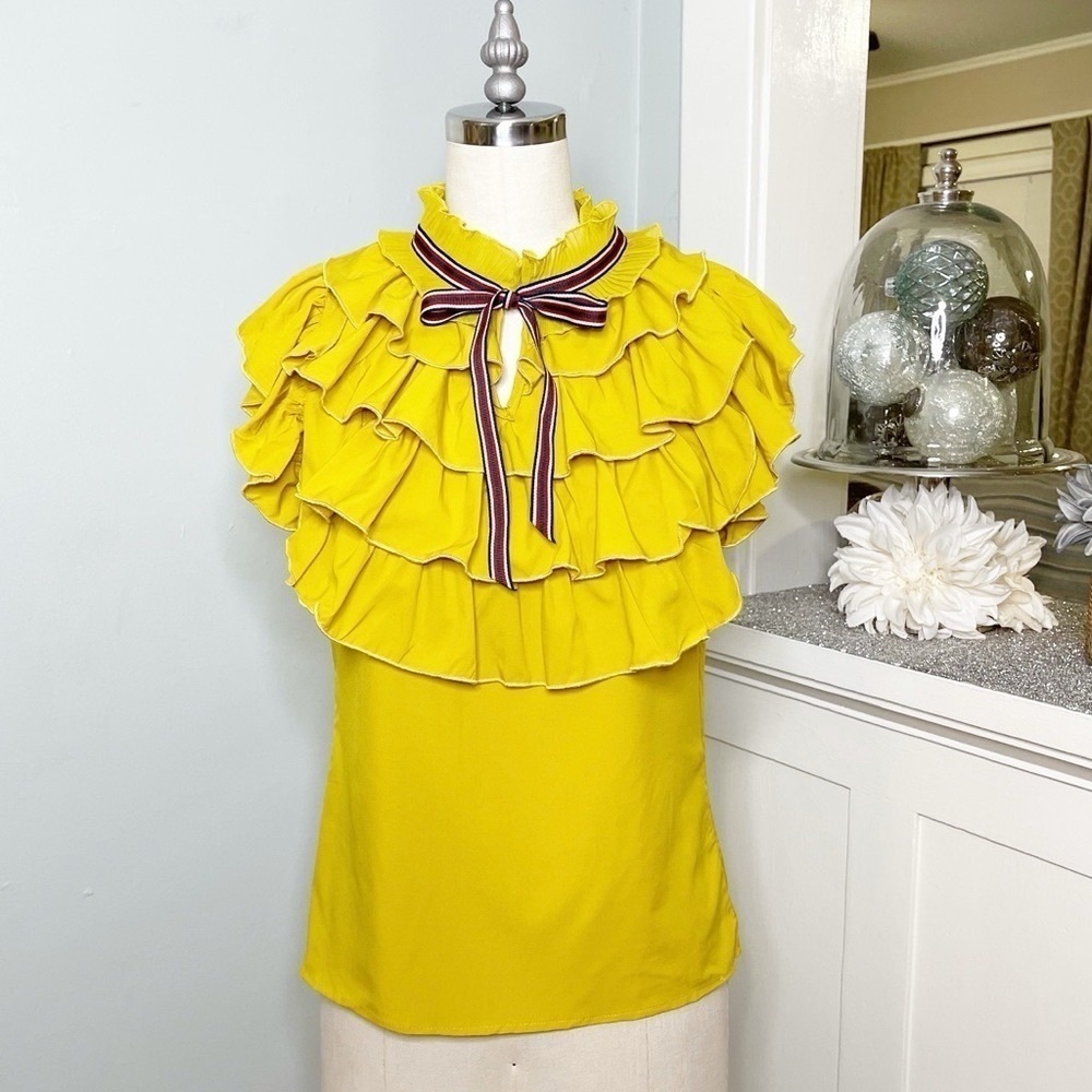 Love Song Mustard Yellow Ruffled High Neck Collared Blouse - Picture 2 of 11